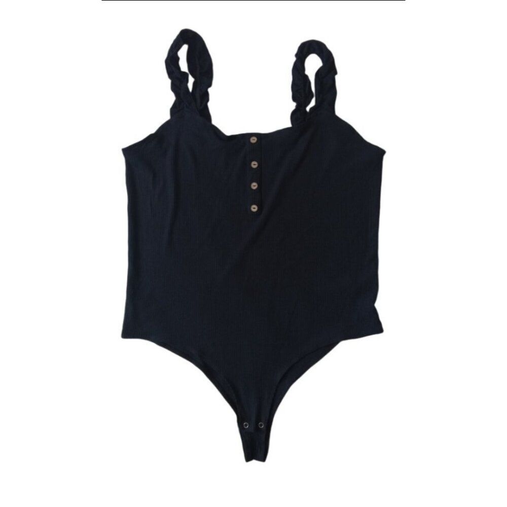 Full Circle Trends Plus Size Solid Black Ribbed Ruffle Strap Bodysuit Women's 2X